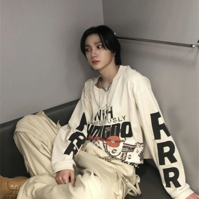 Summer And Spring 123 Letter Print GYMGNO Graffiti Slogan Worn Retro Long Sleeve T Shirt Pullover Sweatshirt 240823