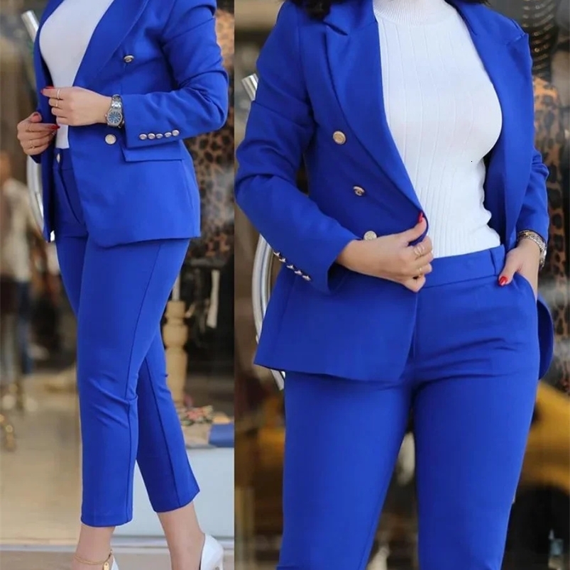 Formal Office Pant Sets Women 2PCS Double Breasted Solid Blazers Jacket and Pants Two Pieces Set Female Pant Suits Sets 240826