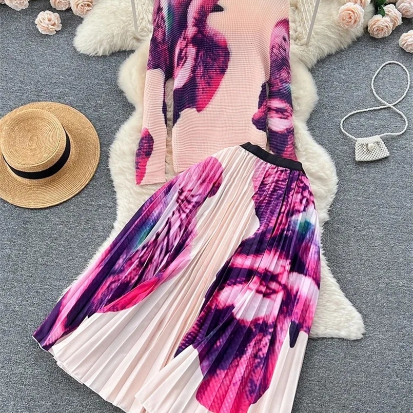 XFPV Womens Print Elastic Slim Pleated Top High Waist Pleated Half Skirt Two Piece Set Korean Fashion Spring Autumn 240820