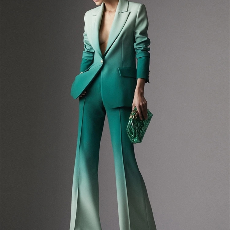 HIGH STREET est Fashion er Suit Set Womens Gradient Color Printed Single Button Blazer Flare Pants Suit 2pcs 240826