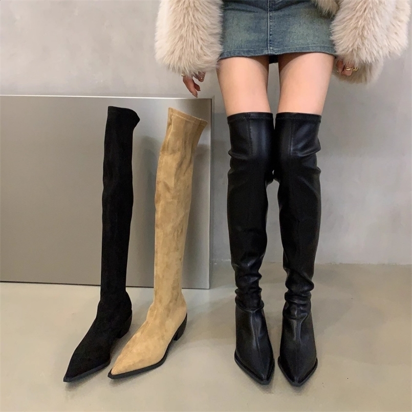 Knee over long boots for women Korean version square heel thick soled pointed fashion boots stylish and trendy knight boots 240926