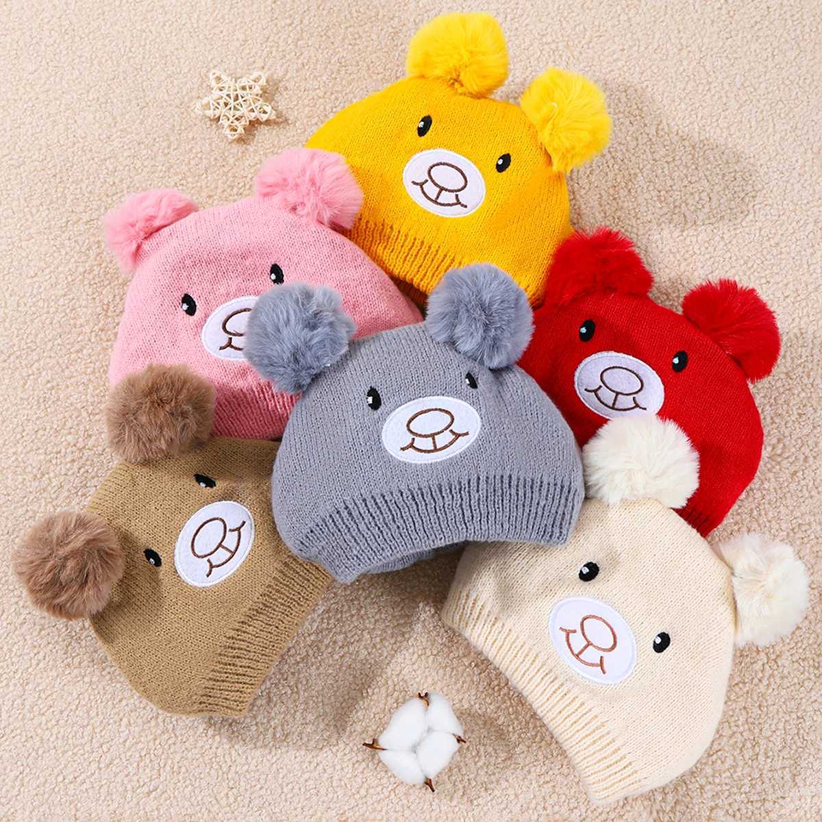 Cute Bear Beanie Cap for Baby Boy Girl Cartoon Pompom Warm Knitted Hat Neck Cover Autumn Winter Toddler Ear Protection Caps Z251029