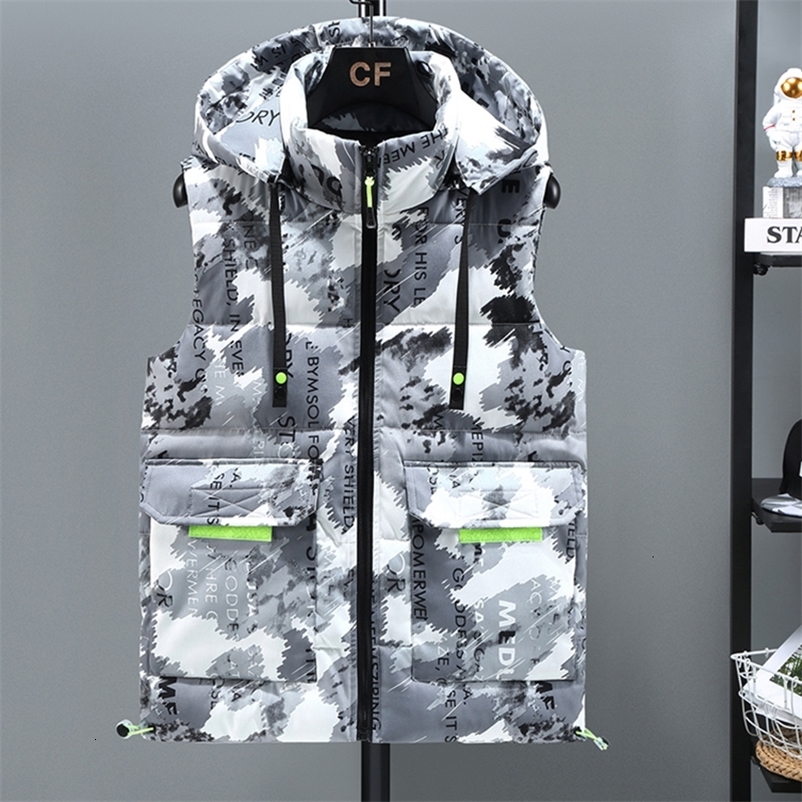Men's Vests Winter Camouflage Thick Vest Men Hooded Hat Detachable Sleeveless Coat Waterproof Male Comfortable Waistcoat Plus Size 5XL 221116