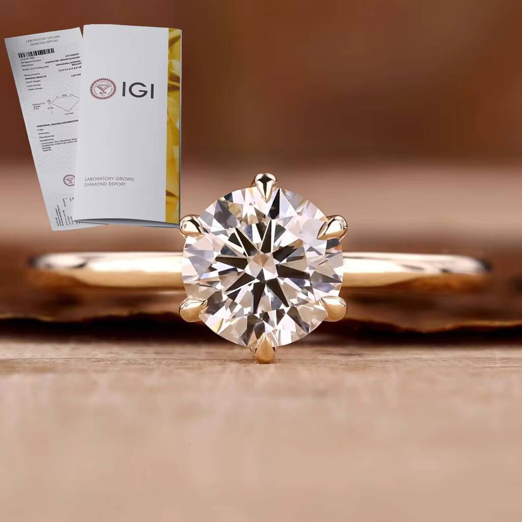 Classic Round CVD Lab Grown Diamond 14kK 18K Solid Gold Sixprong Lab Diamond Wedding Rings 3 Caratwith IGI CIA Certificate