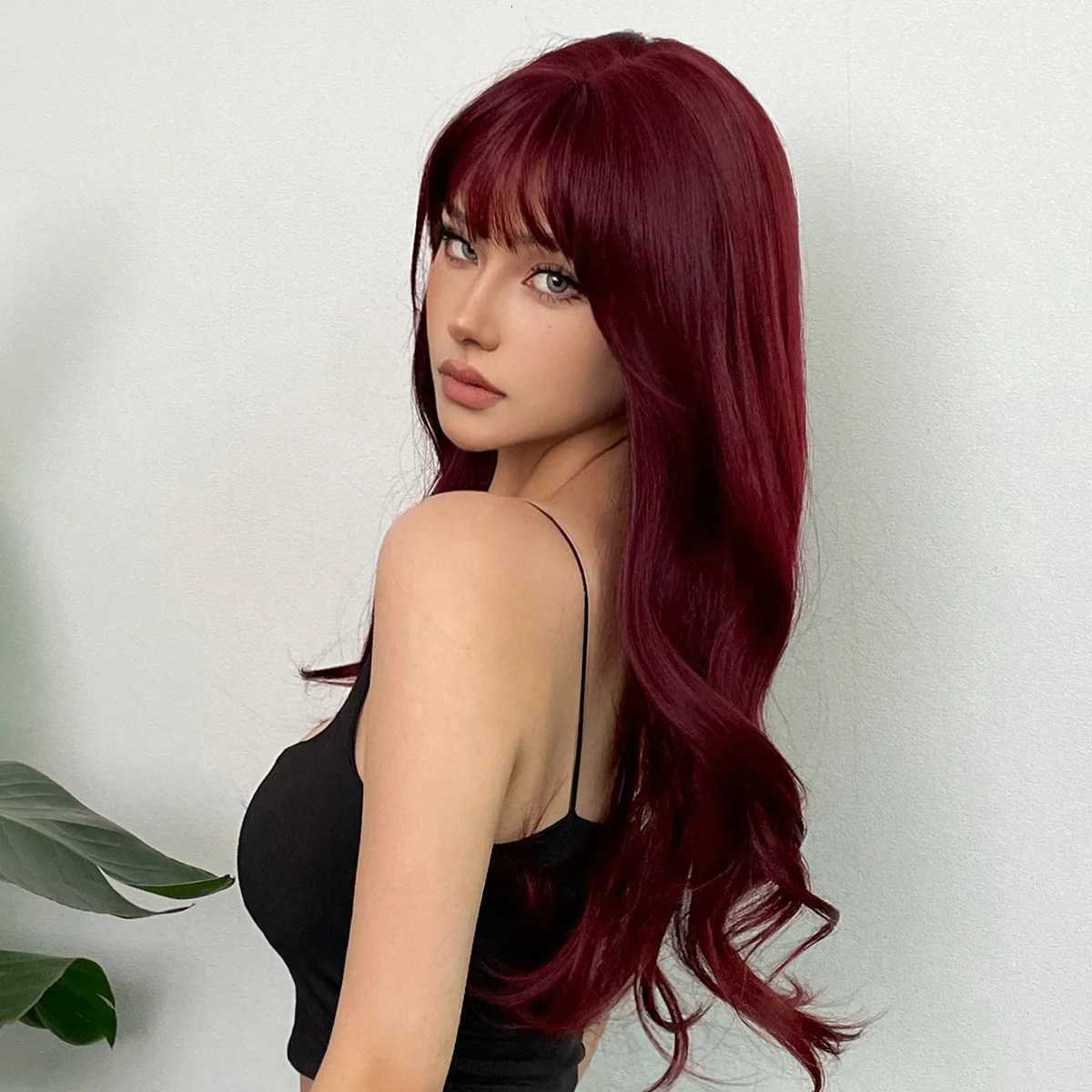 New wine red synthetic wig with bangs big waves long curly hair daily holiday wig high temperature silk full head cover C250922