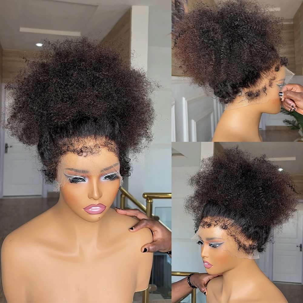180% Density Afro Kinky Curly Human Hair Wigs Short Bob 4c Edges Wig Brazilian Remy Hair 13x6 HD Lace Frontal Wig 360 Full Lace Wig Wear And Go Gluele