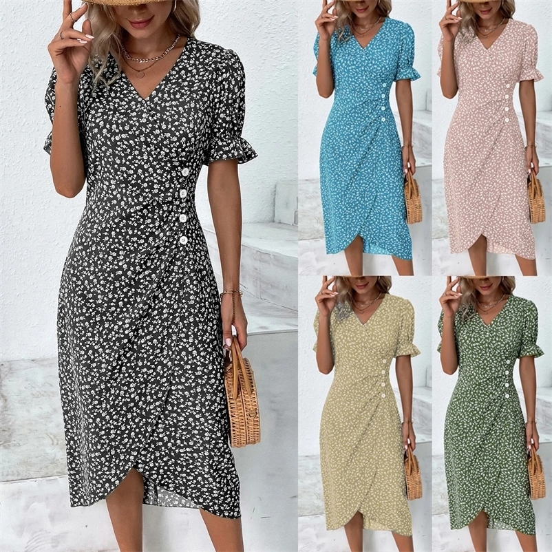 Summer Womens Smocked Dress V Neck A-Line Boho Ditsy Floral Flounce Sleeve Wrap Hem Dress Beach Dresses 240529