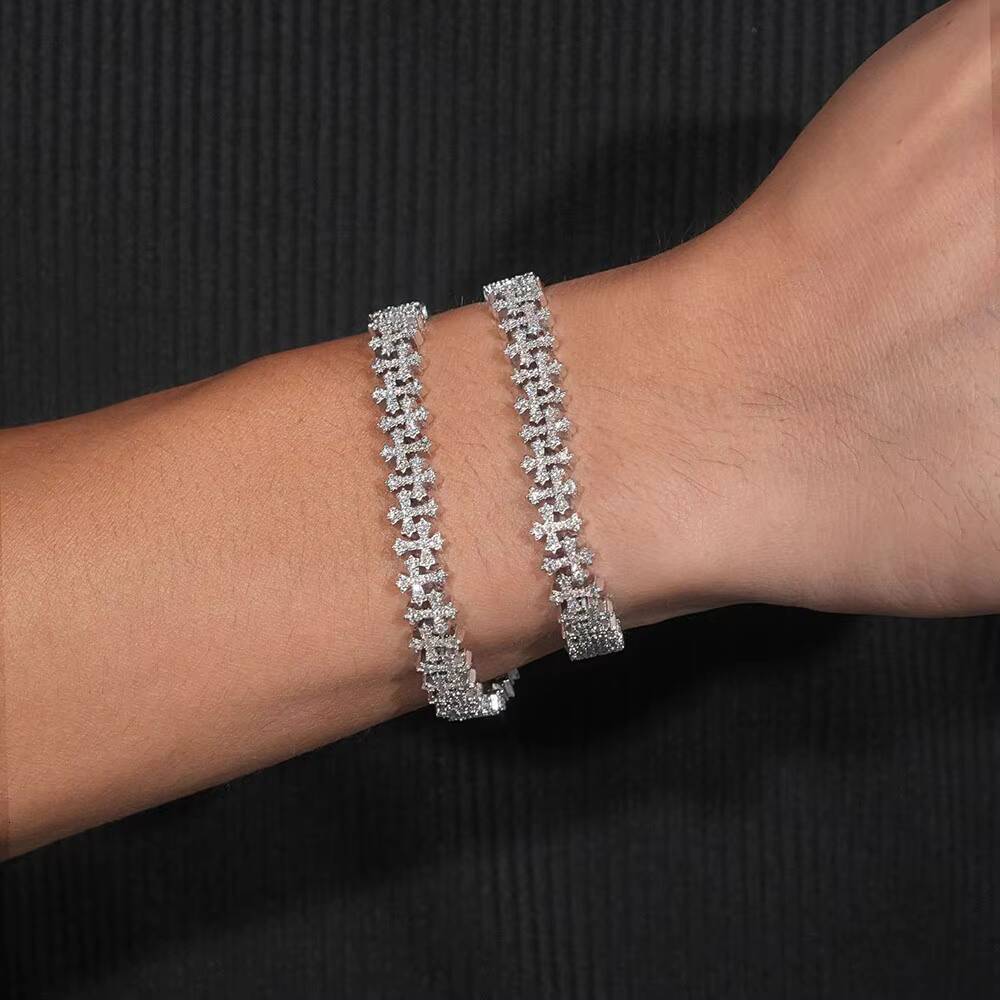 8MM Cross Cuban Chain VVS Moissanite Hip Hop Bracelet 925 Silver for Men and Women Cross Cuban Bracelet for Men and Women