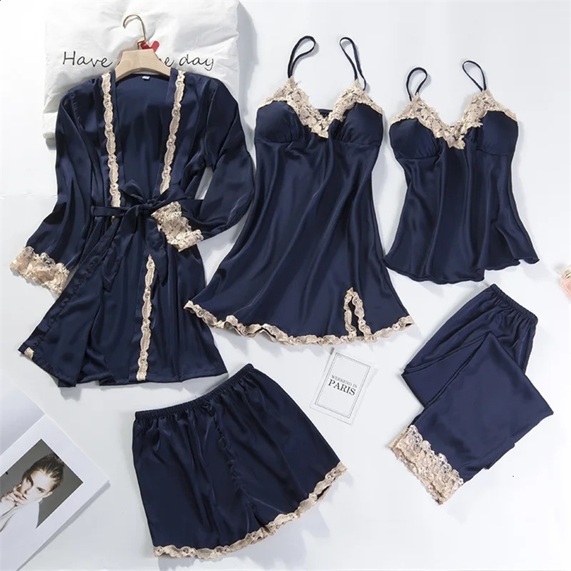 5 Pieces Pajamas Set Women Kimono Gown Satin Silk Sleepwear Casual Nightwear Intimate Lingerie With Lace Sexy Bathrobe Pyjamas 240913