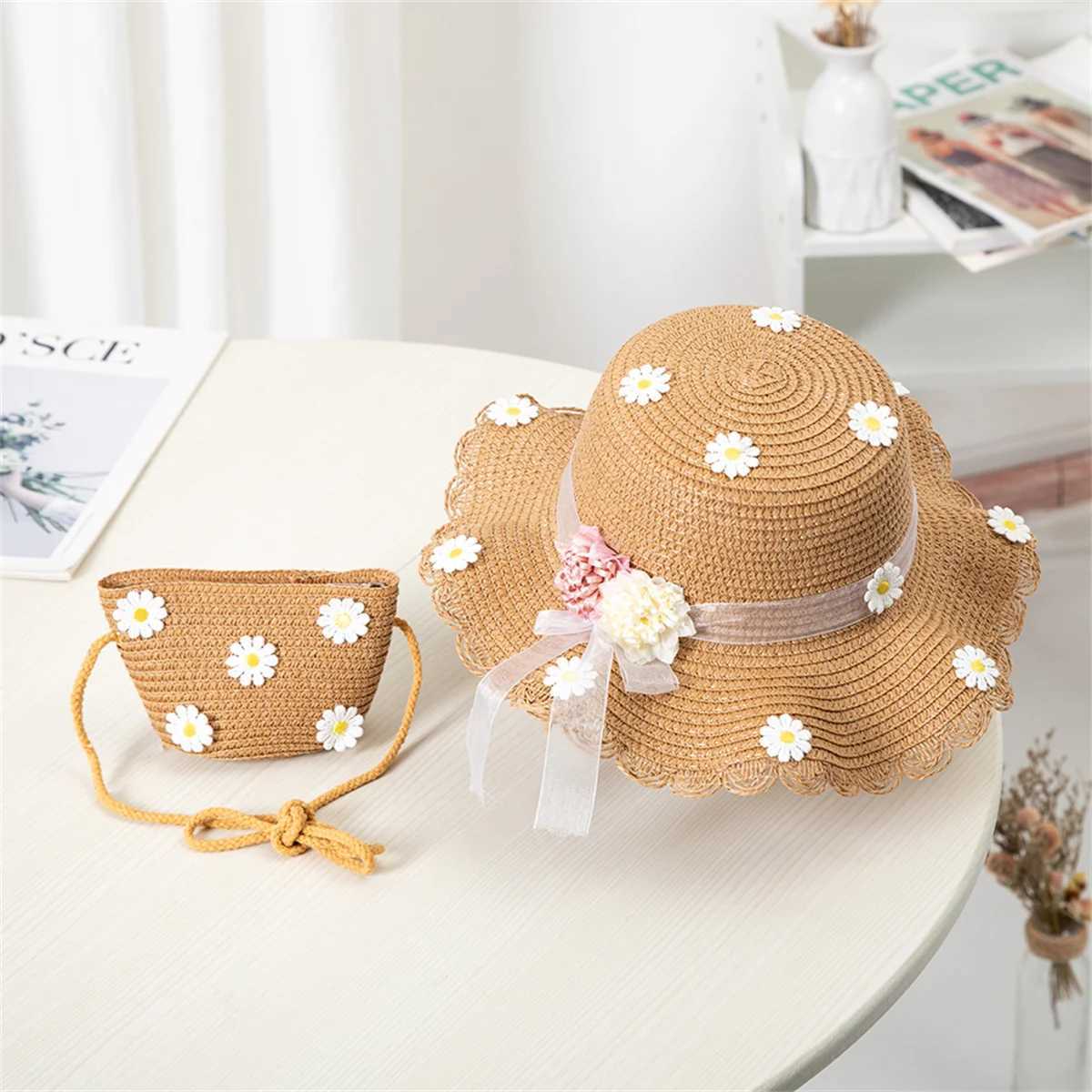Kids Sun Hat Girls Summer New Straw Bag Cap Set Baby Travel Sun Protection Beach Hats Sun Fisherman Hat Z251029