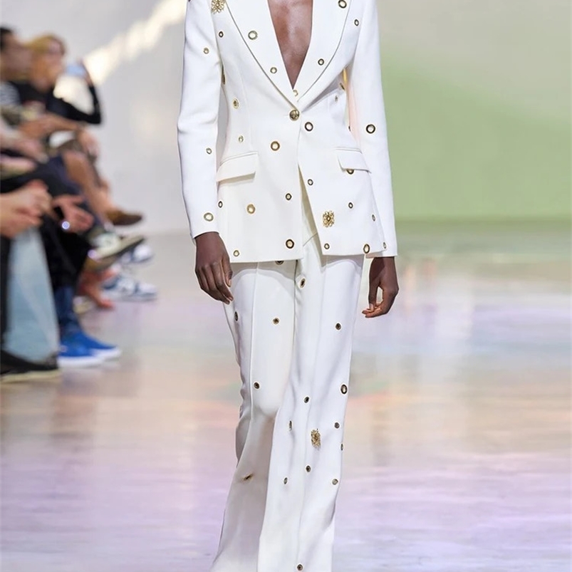 HIGH QUALITY est er Fashion Runway Suit Set Womens Slim Fit Single Button Grommet Lapel Blazer Pants Set 2pcs 240826