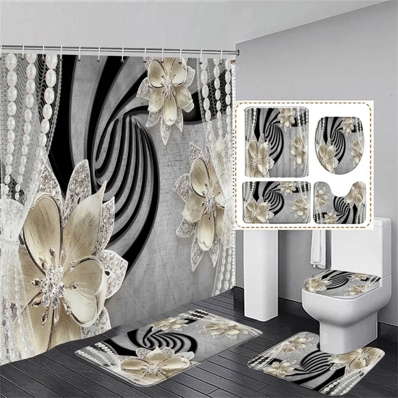 Elegant and stylish dreamy pearl and diamond Bouquet 3D style shower curtains with bathroom carpet set home bathroom decoration 240903bj
