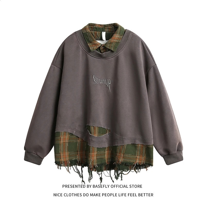 Sping Autumn Plaid Letter Embroidery Patchwork Oversize Men Sweatshirt Unisex Women High Street Shirt Pullover Hip Hop Casual 240827
