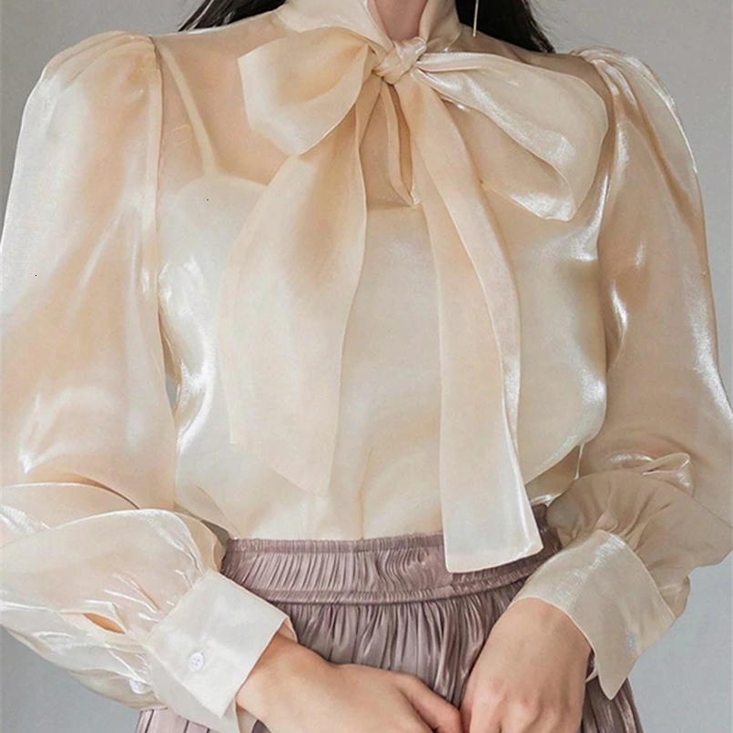 ZANZEA Organza Women Blouses Elegant Office Lady Bowtie Neck Lantern Sleeve Blusas Mujer Fashionable See-through Sheer Tops 250310