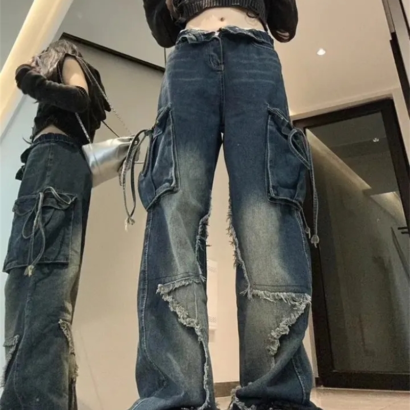 Autumn Winter Cargo Woman American High Strt Straight Barrel Jeans Five-pointed Star Embroidery Women Pants Z260313