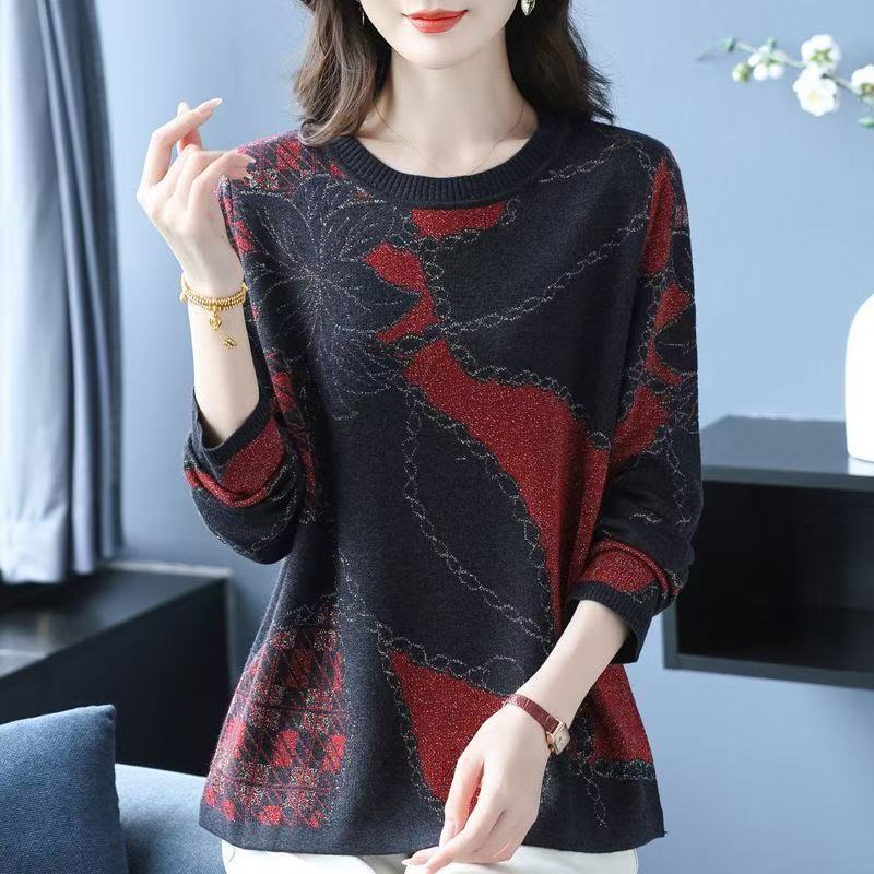 plus size women's new long sleeve high waist printed banquet dress mid-length skirt D02641