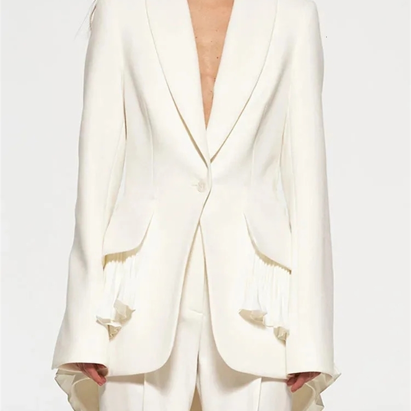 DEAT Fashion Women Blazer Notched Collar Long Sleeves Single Button Splicing Pleating Suit Jackets Spring 7AB3528 240826