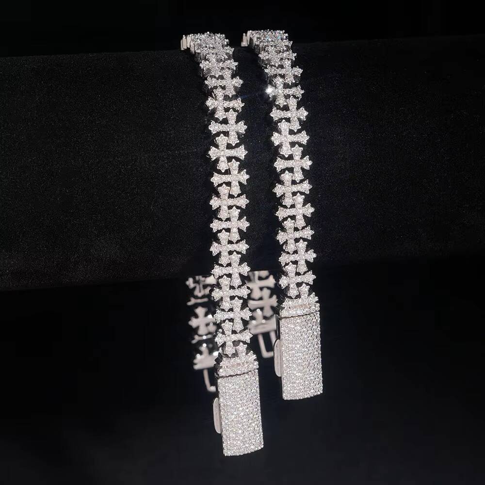 8MM Cross Cuban Chain VVS Moissanite Hip Hop Bracelet 925 Silver for Men and Women Cross Cuban Bracelet for Men and Women