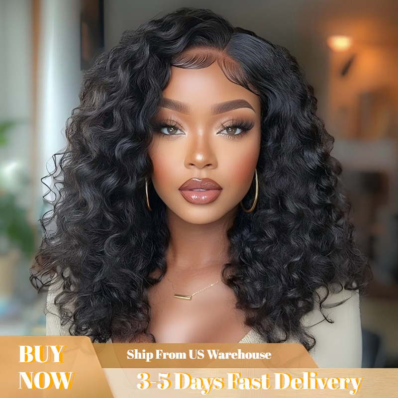 Brazilian Water Wave Human Hair Wig 250% Density Short Curly Bob Lace Front for Women Natural Black Short Hair Wig