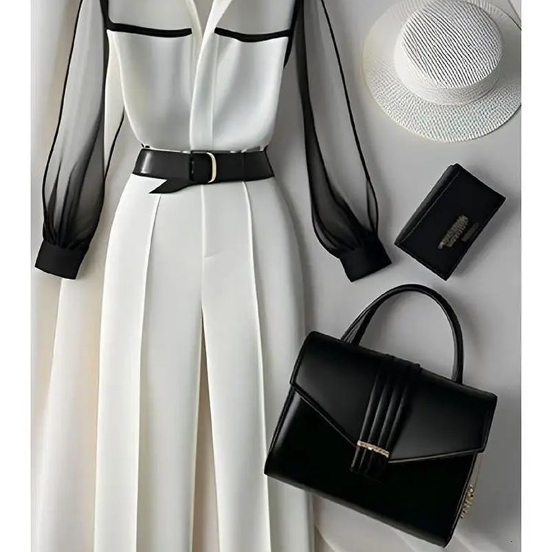 White Tailored Trousers Loose Pants Suit Womens Two Peice Sets Vintage Perspective Shirt Autumn Blouse Sleeve Korean Top 240815