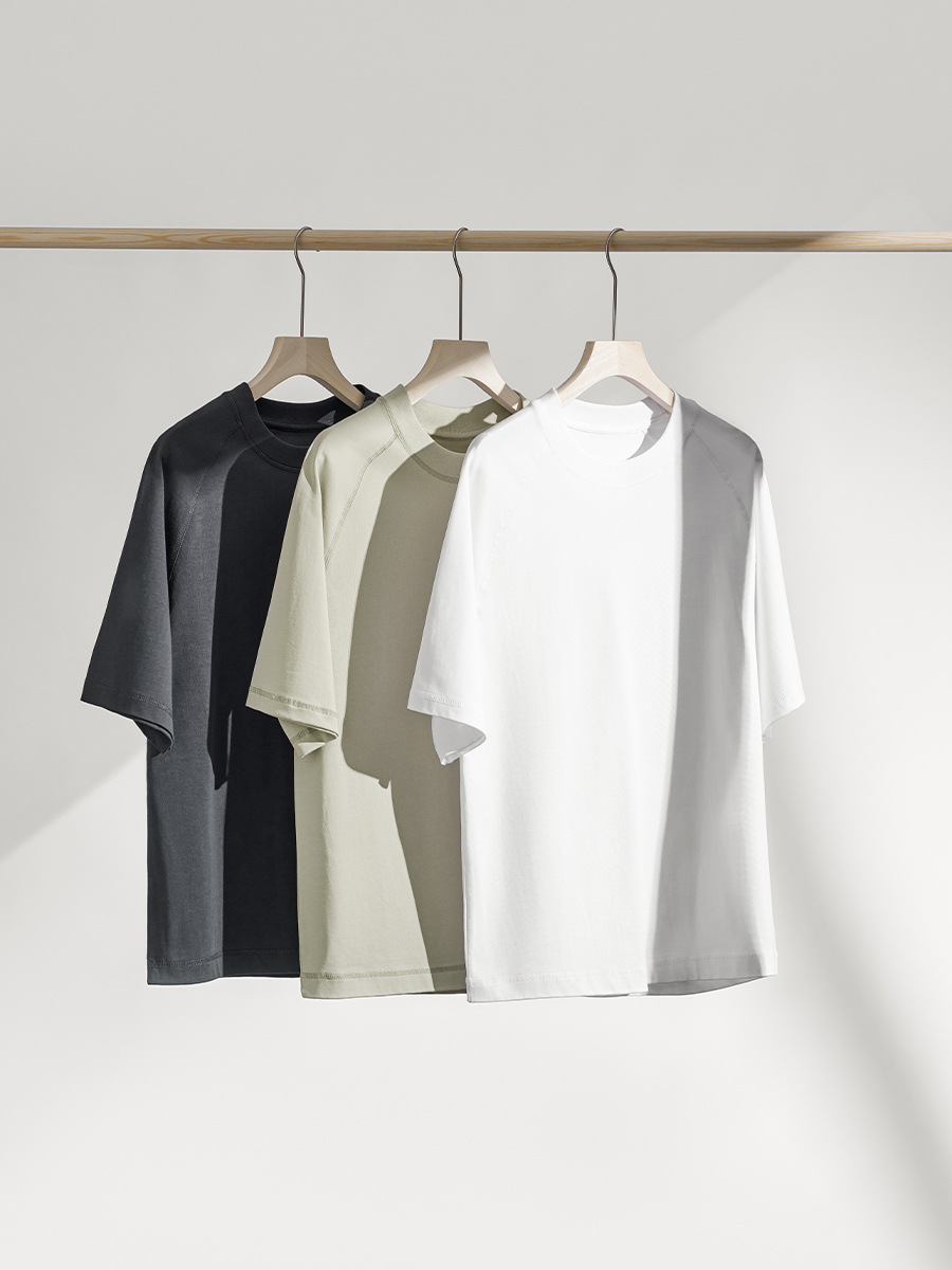 Men's New Raglan Sleeve Tee - 100% Cotton, Oversized Fit, Solid Color, Minimalist Topstitch Design Short Sleeve T-Shirt -66C
