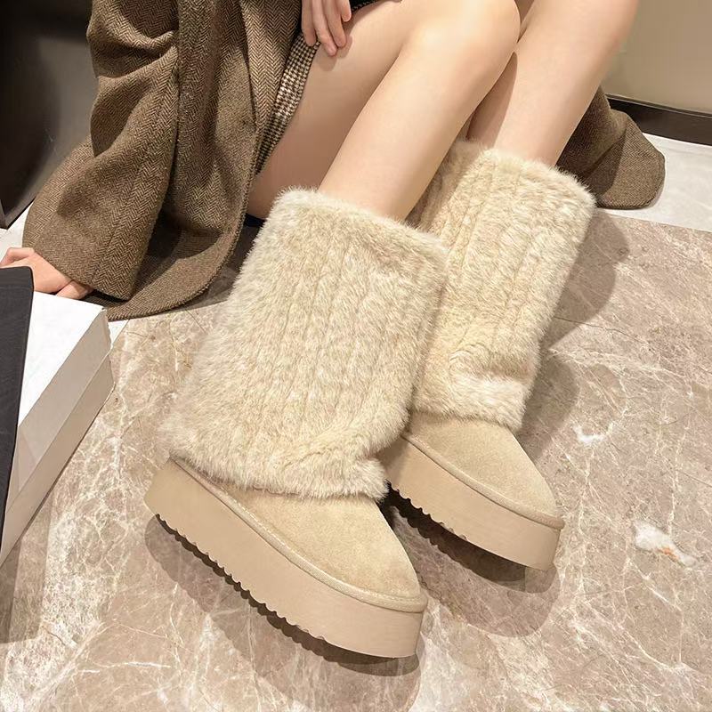 2024 Winter New Fashion Furry Hem Wedge Non-slip High Women's Outdoor Warm and Comfortable One-foot Snow Boots