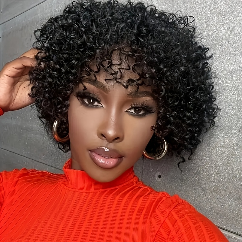 Women's Afro Kinky Curly Pixie Cut Human Hair Wig Natural Black High Density 180% for Everyday Special Events Lightweight Flattering Fit