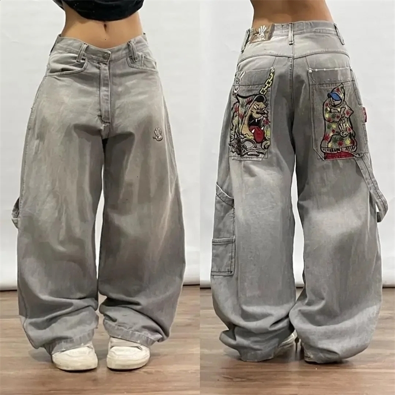 Y2k retro Korean fashion JNCO jeans female retro pattern embroidery loose high waist Korean street wear female Gothic pants 240815