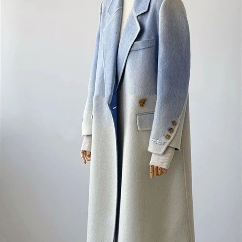 Winter Women Vintage Long Woolen Coat Fashion Long Sleeve Jackets Chic Gradient Outerwear Korean Ladies Casual Overcoat 240822