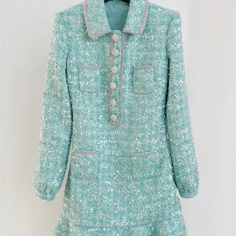 Women Single Breasted Green Tweed Mini Dress Long Sleeve Diamond Decoration Ruffle Pockets Spring Lady Sequin Robe 240529