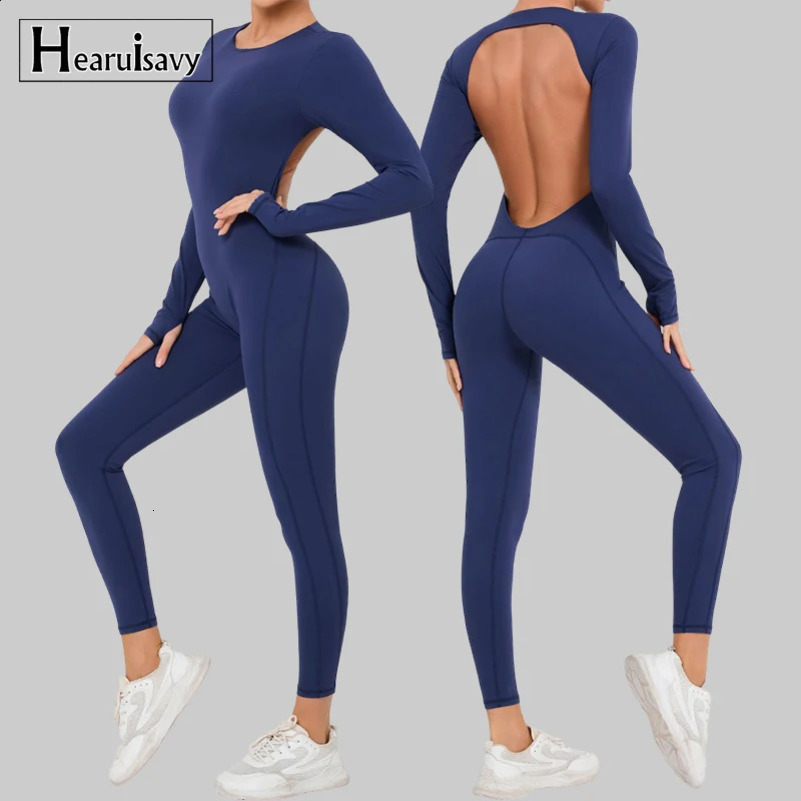 Heavuisavi long sleeved one-piece womens jumpsuit quick drying yoga clothing exercise bodysuit backless sports jumpsuit 241018