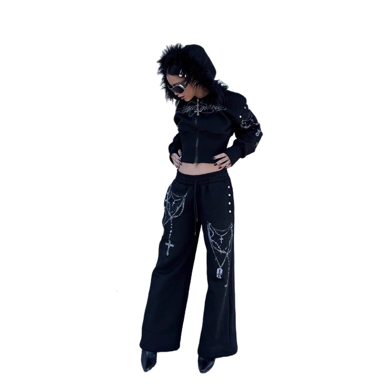 Personalized Printed Zipper Detachable Furry Hat Sweatshirt Sweatpants Set Long Sleeve Pullover Hoodie 250827