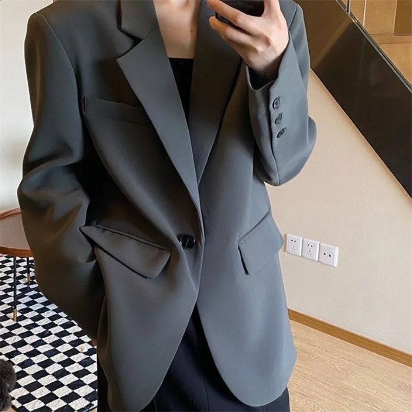 Solid Color Suit Commuting Jacket Female Korean Autumn Spring Women Oversize Coat Small Fellow Loose One Button Suit 240826