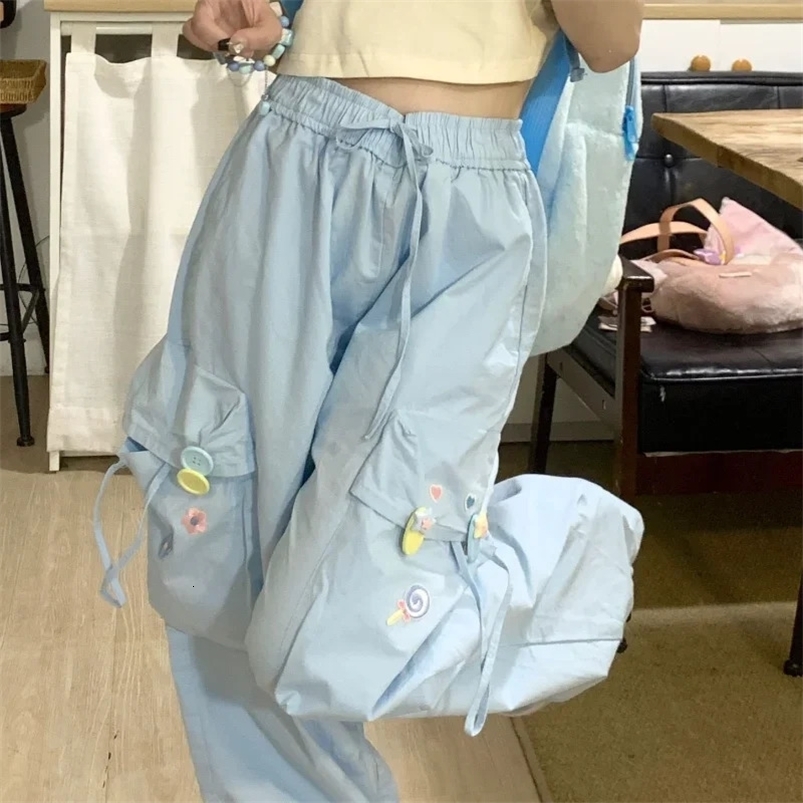 Blue Sweet Japanese Versatile Trend Embroidered Casual Trousers Women Summer High Waist Loose Multi Pocket Wide Leg Cargo Pants 240822