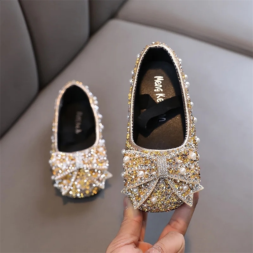 Childrens Flats Kids Single Shoes Fashion Girls Pink Rhinestone Bow Silver Princess Shoes Students Show Shoes H791 250305