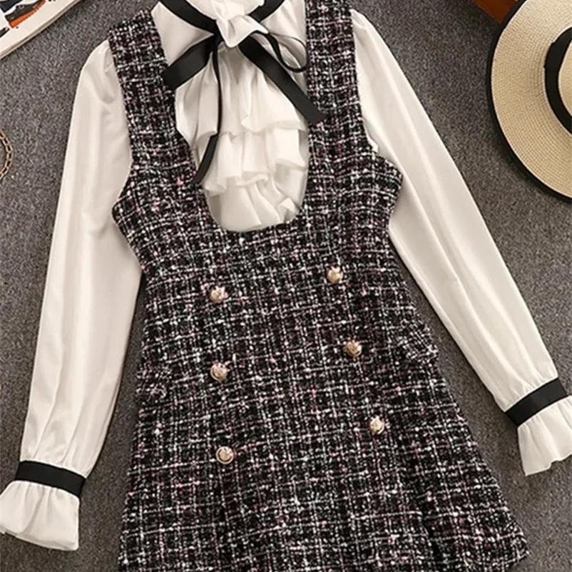 Autumn Winter 2 Piece Set Overalls Dress Women Elegant Ruffles Chiffon Bow Shirt TopDouble Breasted Plaid Tweed Vest Dress 240529