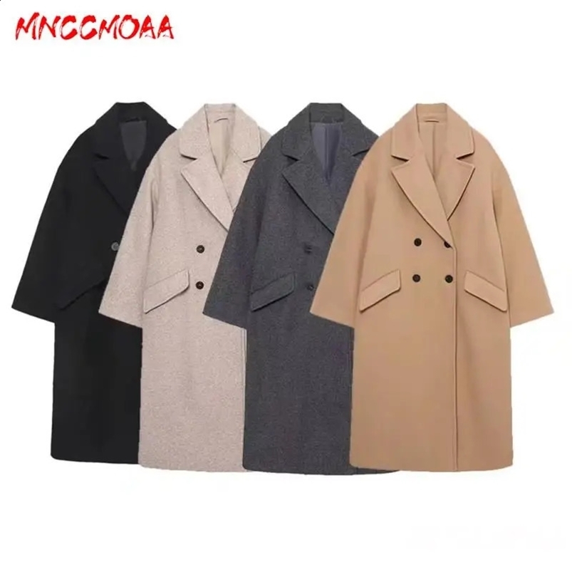 MNCCMOAA Autumn Winter Woman Fashion Loose Double Breasted Woolen Coat Female Solid Color Casual Long Sleeve Top Outerwear 240822