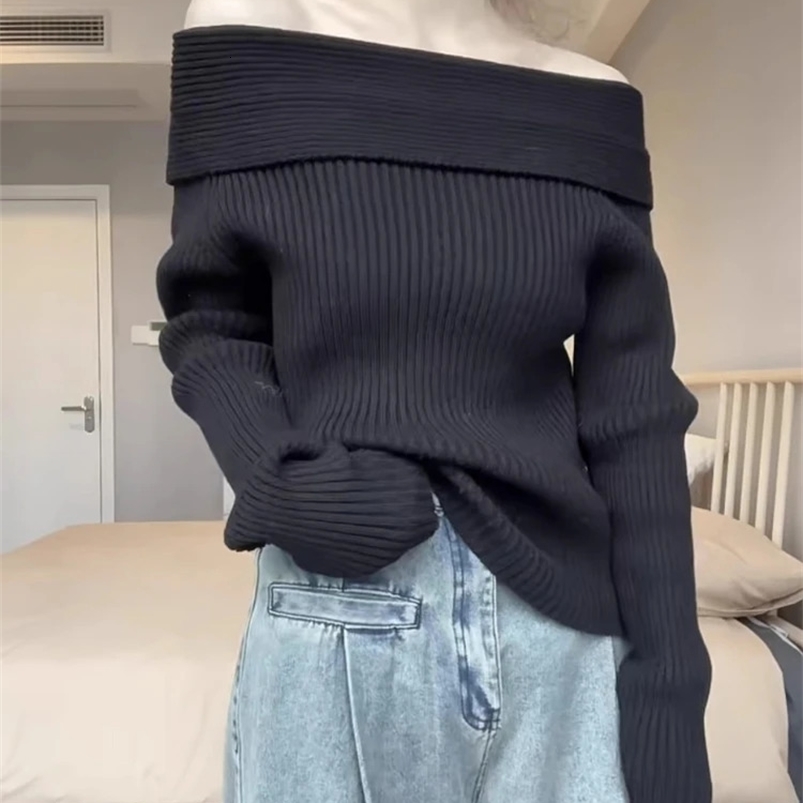 Harajuku Slash Neck Solid Sweaters Grunge Vintage Women Bottoming Pullovers Off Shoulder Y2k Aesthetic Casual Knitted Jumper 240824