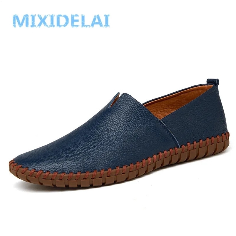 MIXIDELAI Genuine Cow Leather Mens Loafers Fashion Handmade Moccasins Soft Leather Blue Slip On Mens Boat Shoe PLUS SIZE 38~47 240909