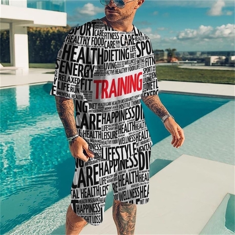 Personality Digital Graffiti 2 Piece Men's T-shirt Sportswear Suit Fitness Summer Printing Shorts 220803