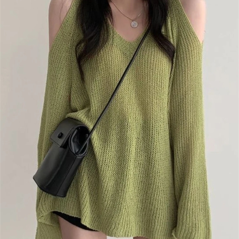 Korean Dongdaemun Off Shoulder Long Sleeve Sweater V-Neck Oversize Pullover Elegant Youth Sexy Knitwear 240824