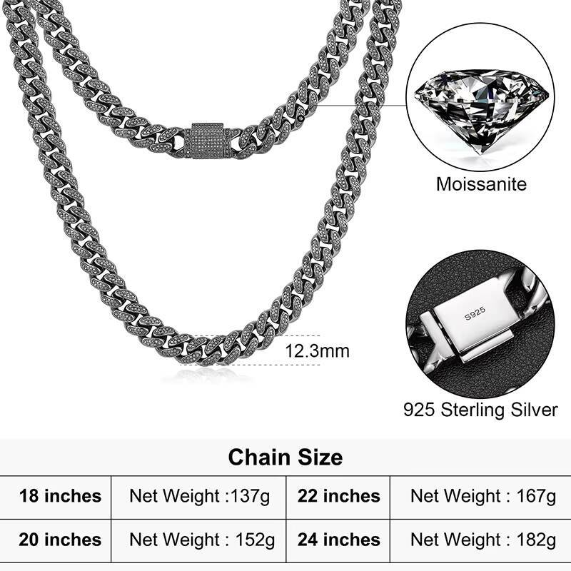 Fresh Item 12mm Black VVS Moissanite Iced Out Cuban Link Chain Hip Hop Fine Jewelry 925 Sterling Silver Diamond Cuban Necklace