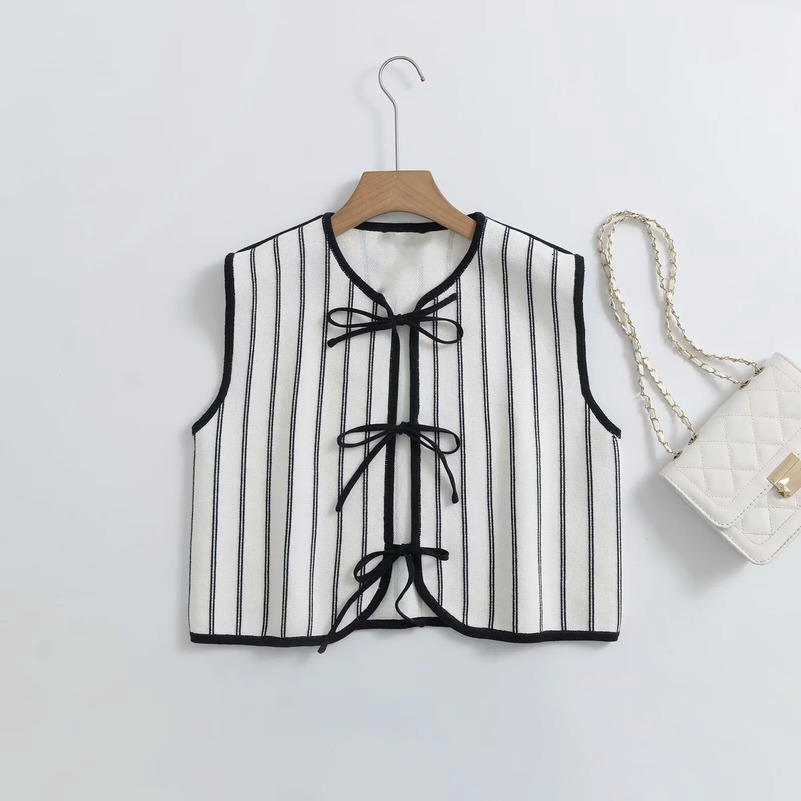 ZBZA Womens Striped Knitted Vest Round Neck Sleeveless Front Tie Loose Hem Top Spring and Summer Casual Versatile Chic Vest 250417