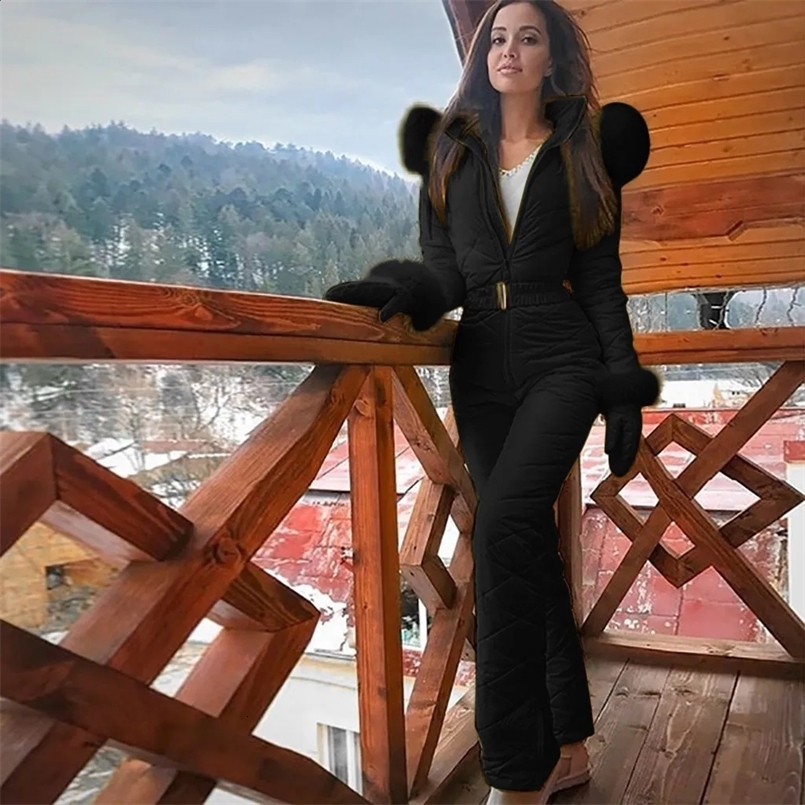 Women One Piece Hooded Ski Jumpsuit Winter Warm Thicken Skisuit Outdoor Sports Overall Skiing Snowboard Zipper Thermal Ski Suit 241119