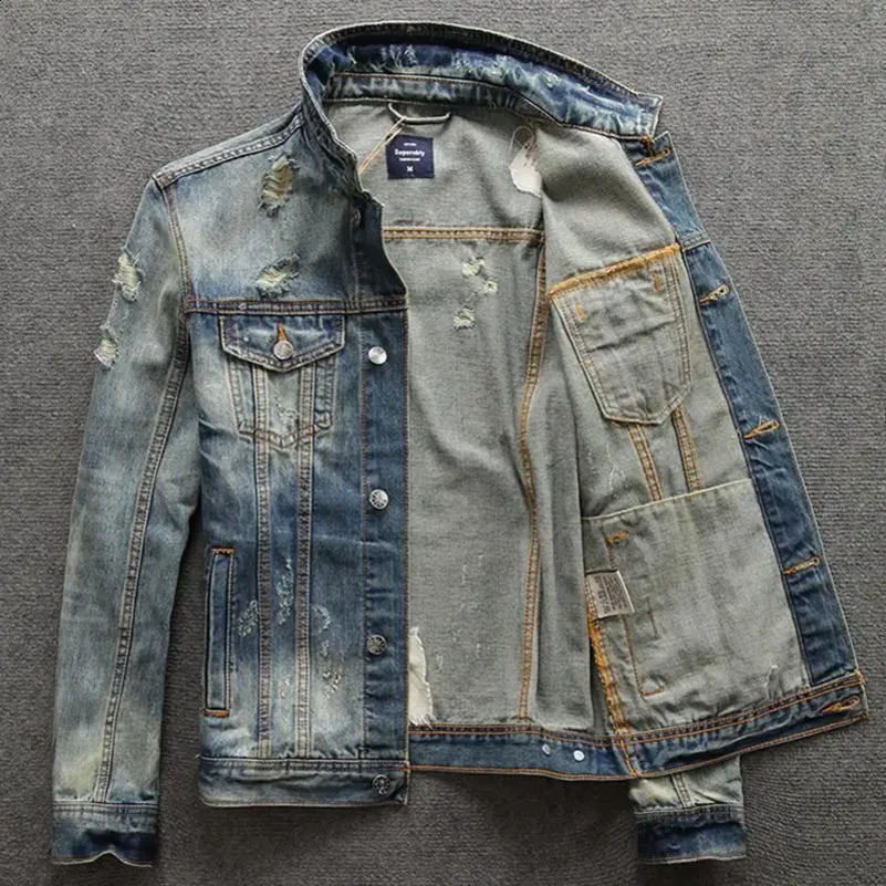 Ripped Casual Slim Mens Denim Jacket Vintage Male Jean Coats With Hole Short Menswear Size L ed Fashion Low Cost 241231