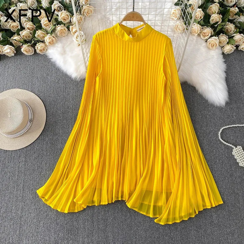 XFPV Fashionable Pleated Dress Women Casual Stand Collar Long Flare Sleeves Solid Color Big Umbrella Dresses Female 22D1140 250417