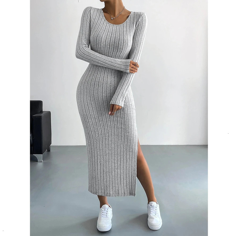 Mia Muse Womens Dresses Fall Winter Knitted Stripe Split U Neck Elastic Basic Bodycon Full Length Casual Maxi Long Dresses 250121