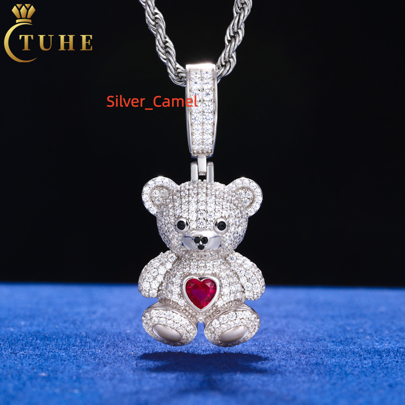 Fine Cartoon Jewelry Gold Plated Iced Out Heart Moissanite VVS Moissanite Diamond 925 Sterling Silver Men Bear Animal Pendant