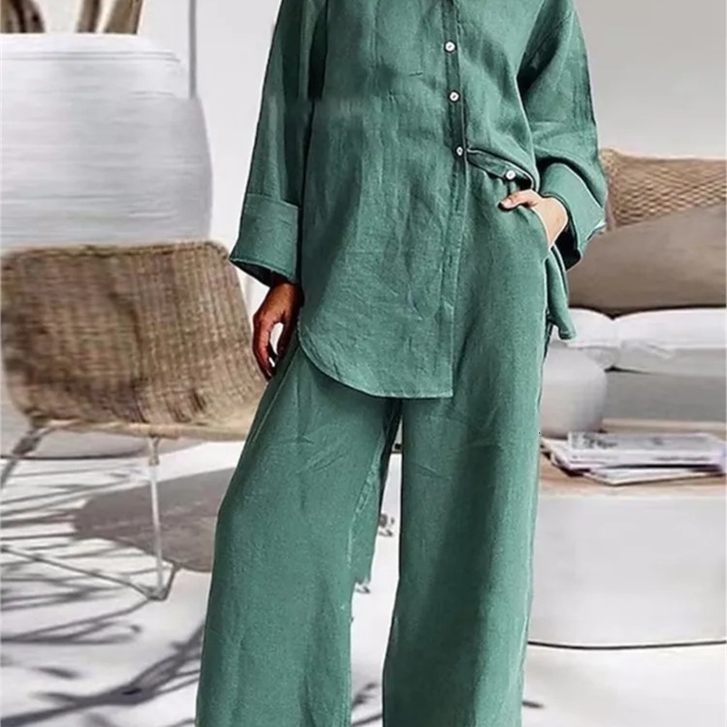 Autumn Winter Cotton And Linen Pant Sets Women Casual Style Solid Color Loose Wide Legs Pants Two Piece Set Clothing Ladies 240820