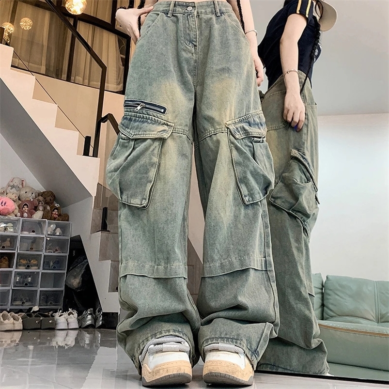 Woman Harajuku Y2k 90s Aesthetic Wide Leg Jeans Female 2000s Vintage Clothes Cargo Pants Lady Gothic Baggy Blue Denim Trousers 240822